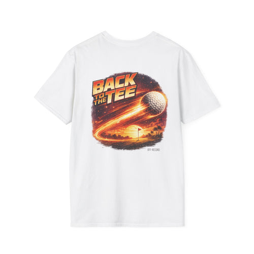 White t-shirt with 'Back to the Tee' graphic design featuring a golf ball and sunset.
