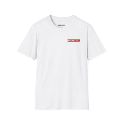 White t-shirt with the Off-Record red stamp logo on a white background