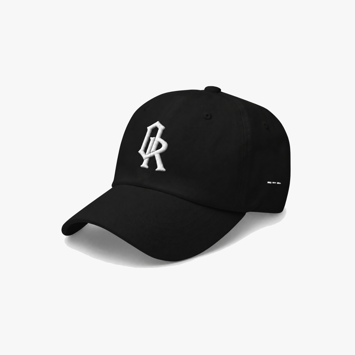 Black classic cap with a white embroidered 'OR' logo on the front, set against a plain light gray background.