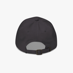 Rear view of a dark charcoal gray baseball cap with an adjustable strap and metal buckle, shown on a light gray background.