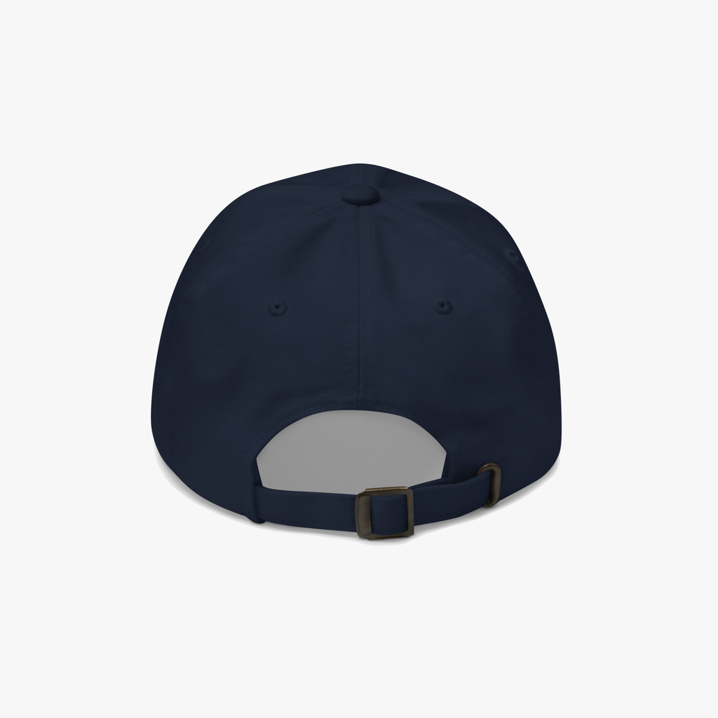 A navy blue baseball cap shown from the back, featuring an adjustable strap with a dark metal buckle, photographed on a clean white background.