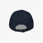 A navy blue baseball cap shown from the back, featuring an adjustable strap with a dark metal buckle, photographed on a clean white background.