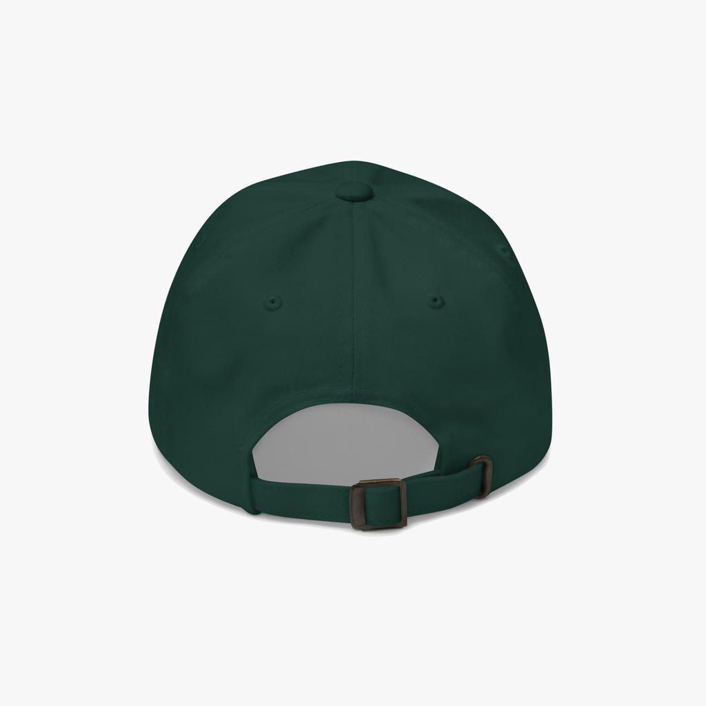 A spruce green baseball cap viewed from the back, featuring an adjustable strap with a brown plastic buckle, set against a plain light gray background.