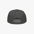 The back view of a charcoal grey snapback cap on a light gray background.