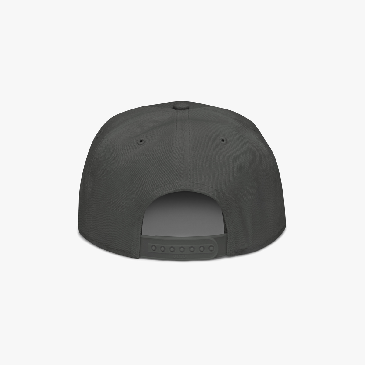The back view of a charcoal grey snapback cap on a light gray background.