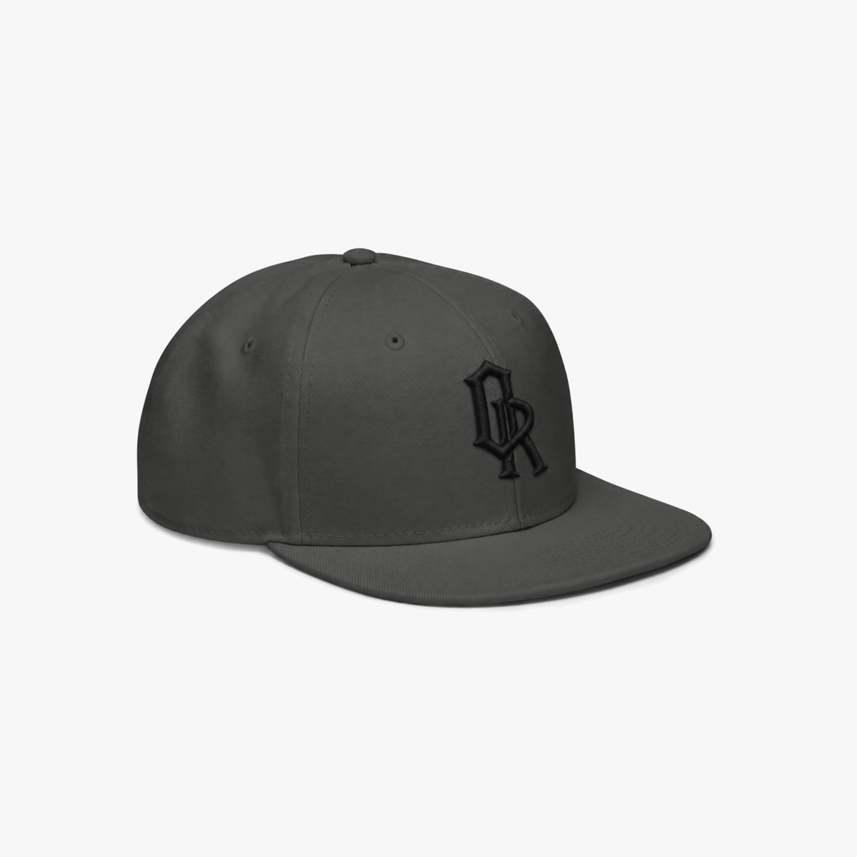 Charcoal grey snapback cap with a black embroidered 'OR' logo on the front, set against a plain light gray background.