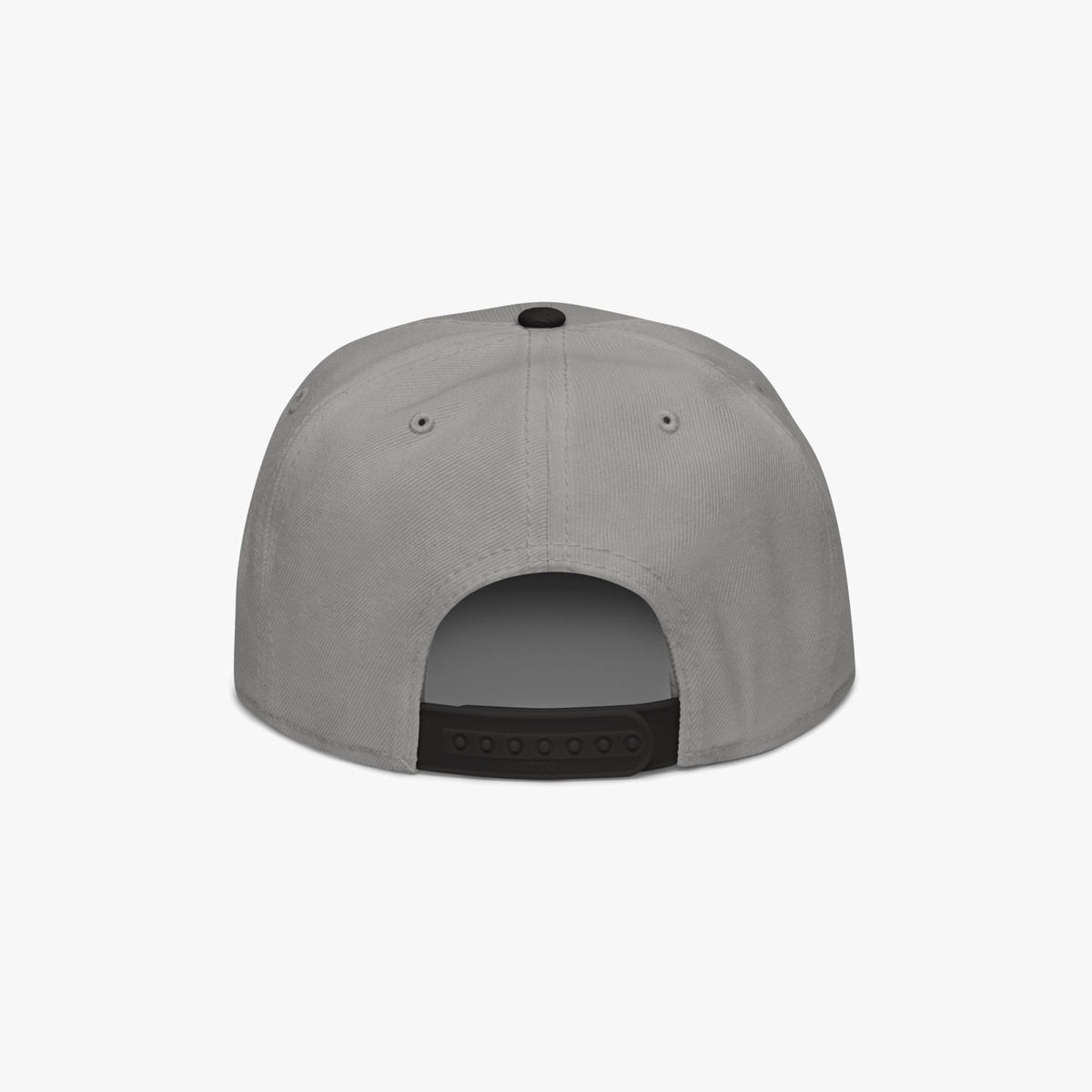 The back view of a light gray snapback cap with a black adjustable strap and ventilation eyelets, shown on a clean white background.