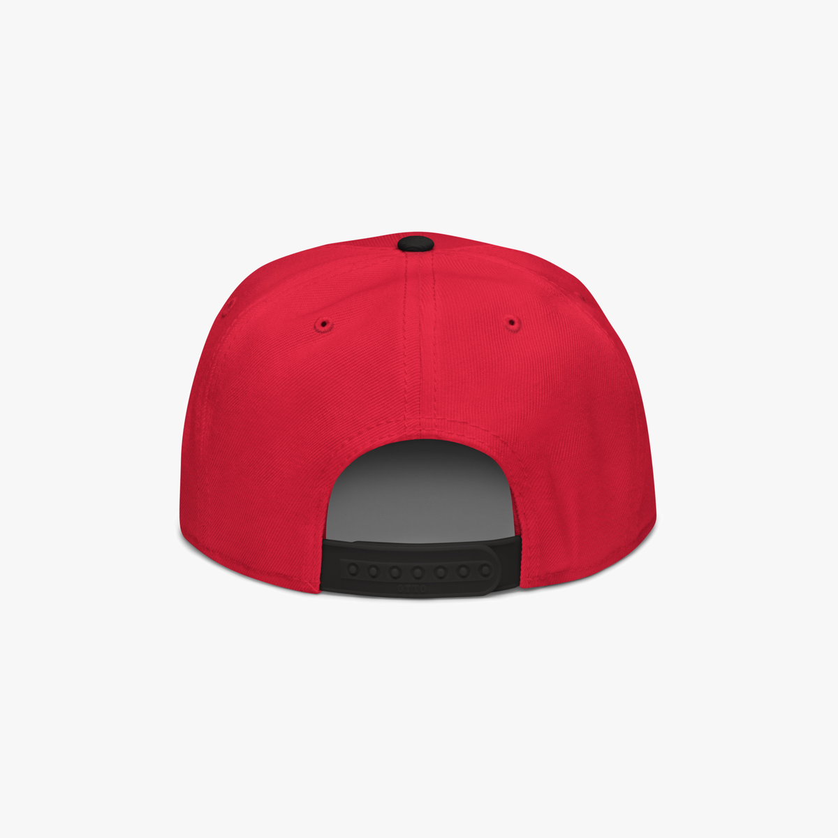 The back view of a bright red baseball cap with a black adjustable snapback closure, shown on a clean white background.