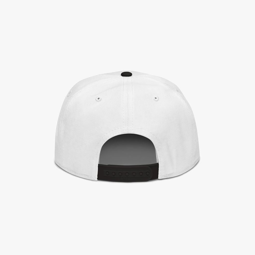 White structured baseball cap shown from the back, featuring a black snapback closure band and a black button on top, set against a plain white background.