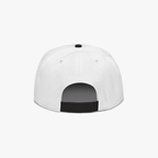 White structured baseball cap shown from the back, featuring a black snapback closure band and a black button on top, set against a plain white background.