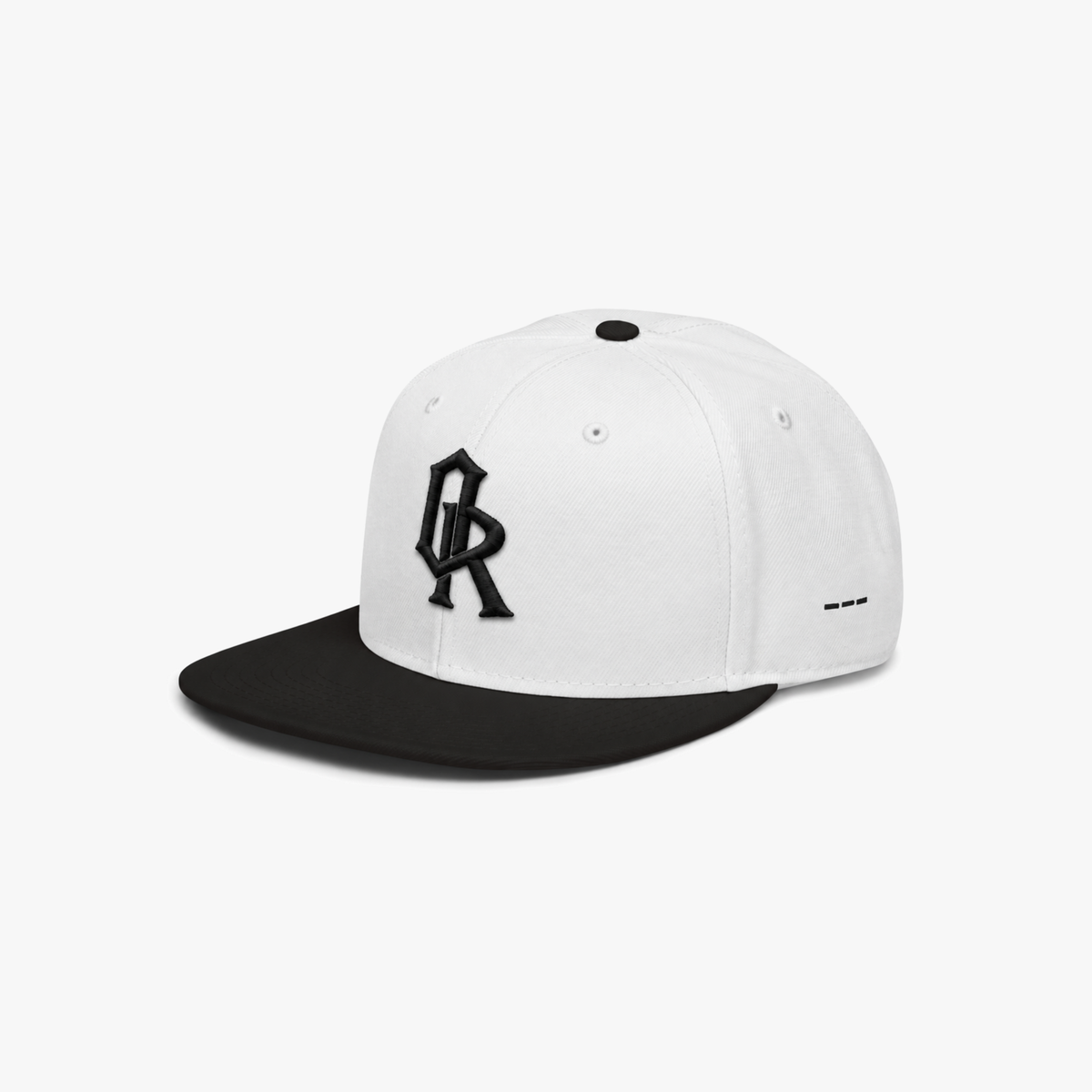 White and black snapback cap with a black embroidered 'OR' logo on the front, set against a plain light gray background.