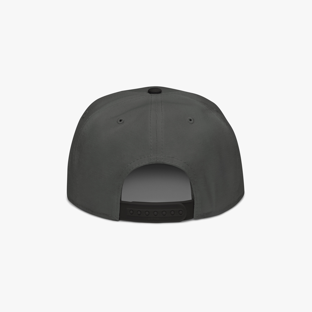 The back view of a dark gray snapback cap on a light gray background.
