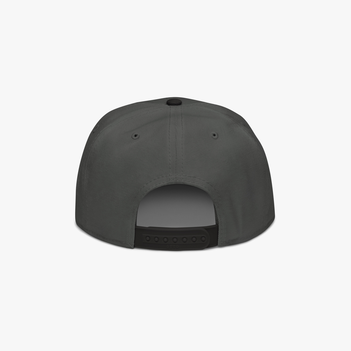 The back view of a dark gray snapback cap on a light gray background.