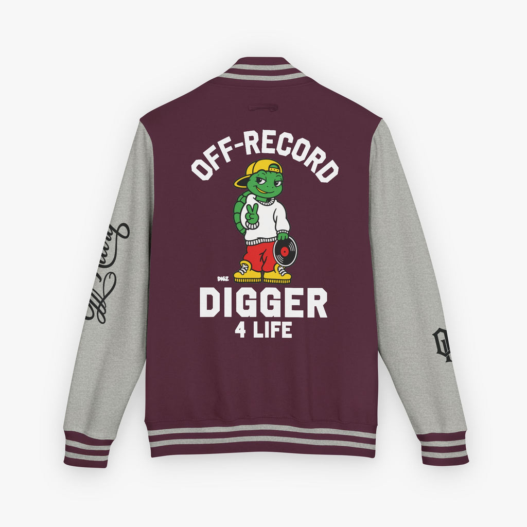 Back view of a varsity-style jacket with a burgundy body and grey sleeves, featuring a large graphic of a green cartoon turtle named 'Digz' wearing a yellow cap and red shorts, with the text 'OFF-RECORD DIGGER 4 LIFE' and script text on the sleeve.