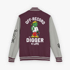 Back view of a varsity-style jacket with a burgundy body and grey sleeves, featuring a large graphic of a green cartoon turtle named 'Digz' wearing a yellow cap and red shorts, with the text 'OFF-RECORD DIGGER 4 LIFE' and script text on the sleeve.