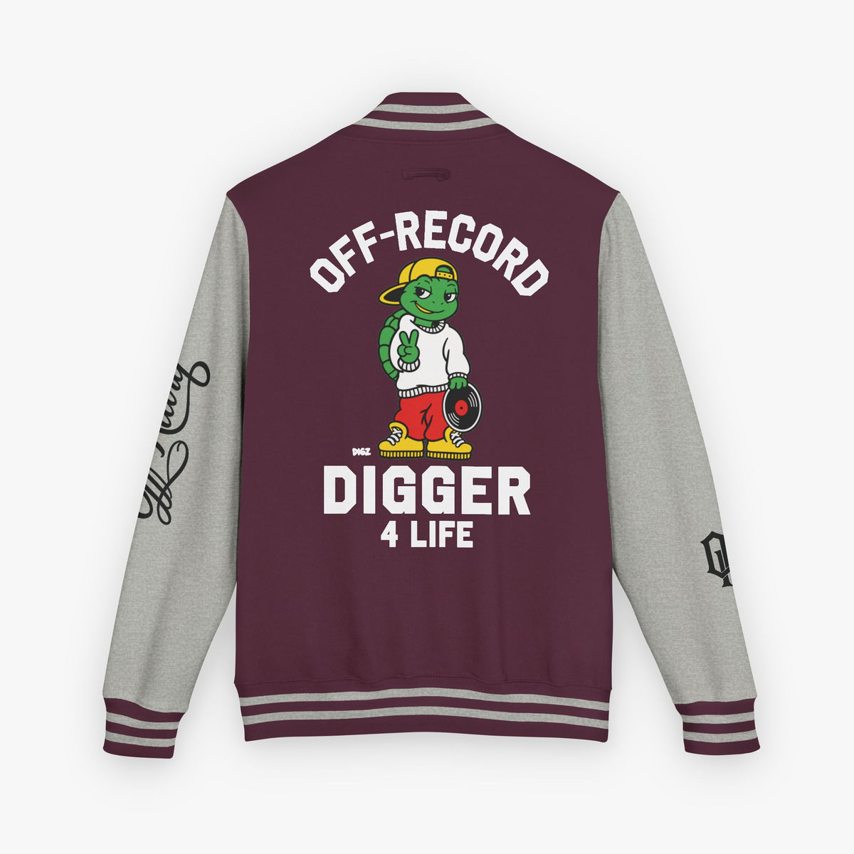 Back view of a varsity-style jacket with a burgundy body and grey sleeves, featuring a large graphic of a green cartoon turtle named 'Digz' wearing a yellow cap and red shorts, with the text 'OFF-RECORD DIGGER 4 LIFE' and script text on the sleeve.