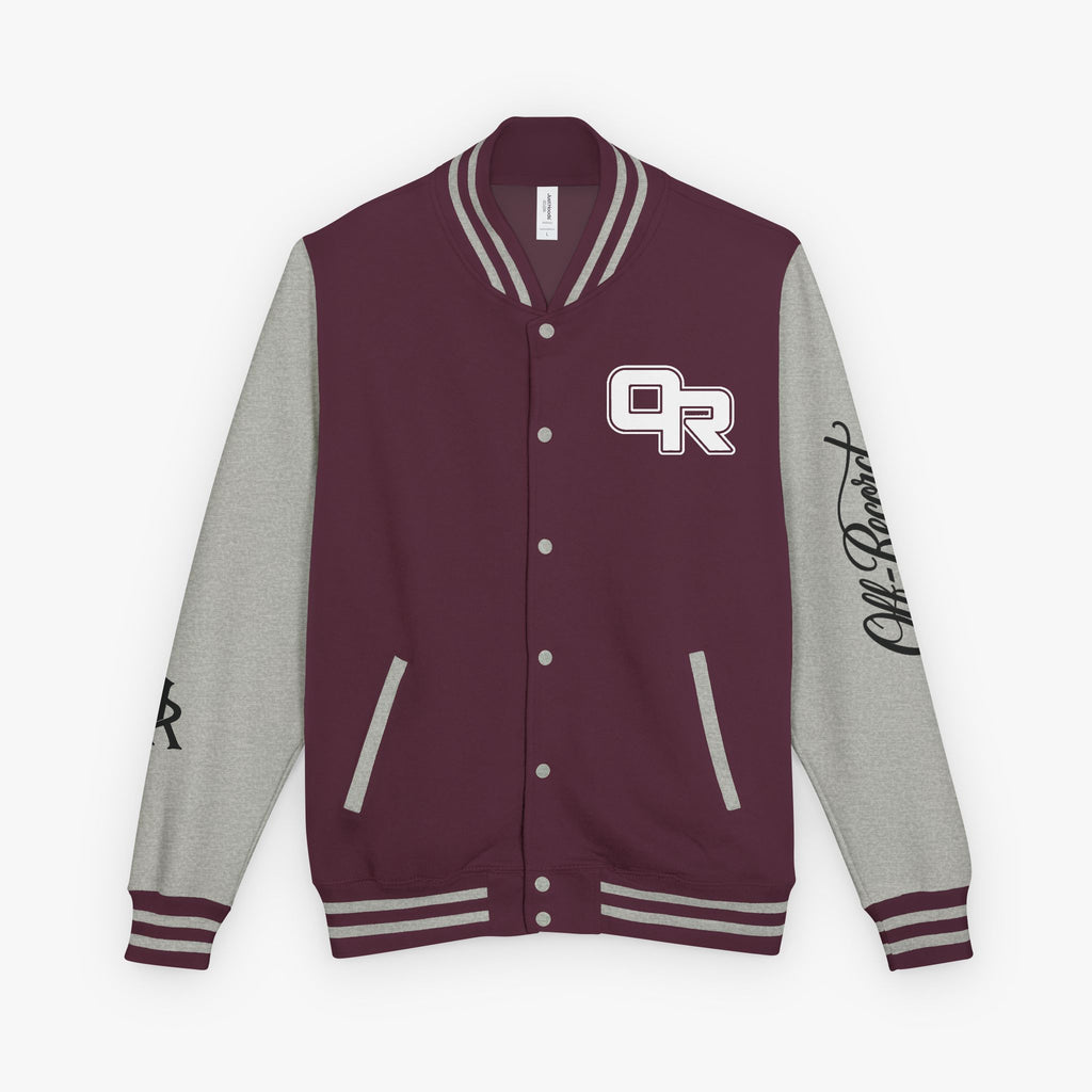 A varsity-style jacket with a burgundy body and heather gray sleeves, featuring a white and burgundy 'OR' logo on the left chest, black script embroidery on the right sleeve, and striped ribbed trim.