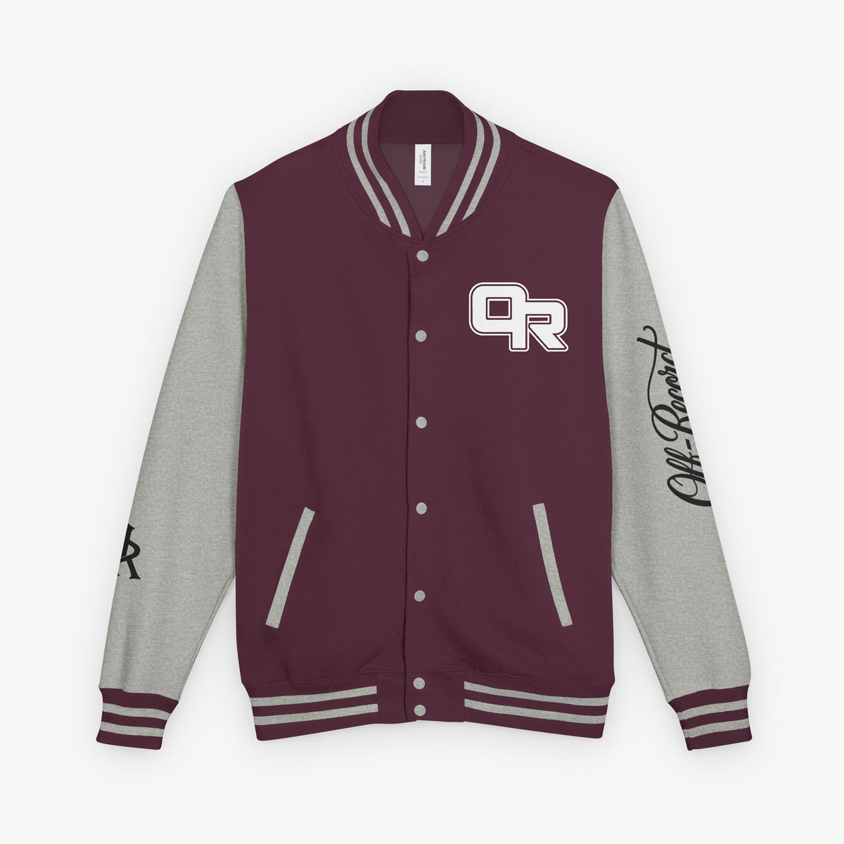 A varsity-style jacket with a burgundy body and heather gray sleeves, featuring a white and burgundy 'OR' logo on the left chest, black script embroidery on the right sleeve, and striped ribbed trim.