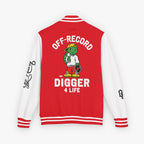 Back view of a varsity-style jacket with a red body and white sleeves, featuring a large graphic of a green cartoon turtle named 'Digz' wearing a yellow cap and red shorts, with the text 'OFF-RECORD DIGGER 4 LIFE' and script text on the sleeve.
