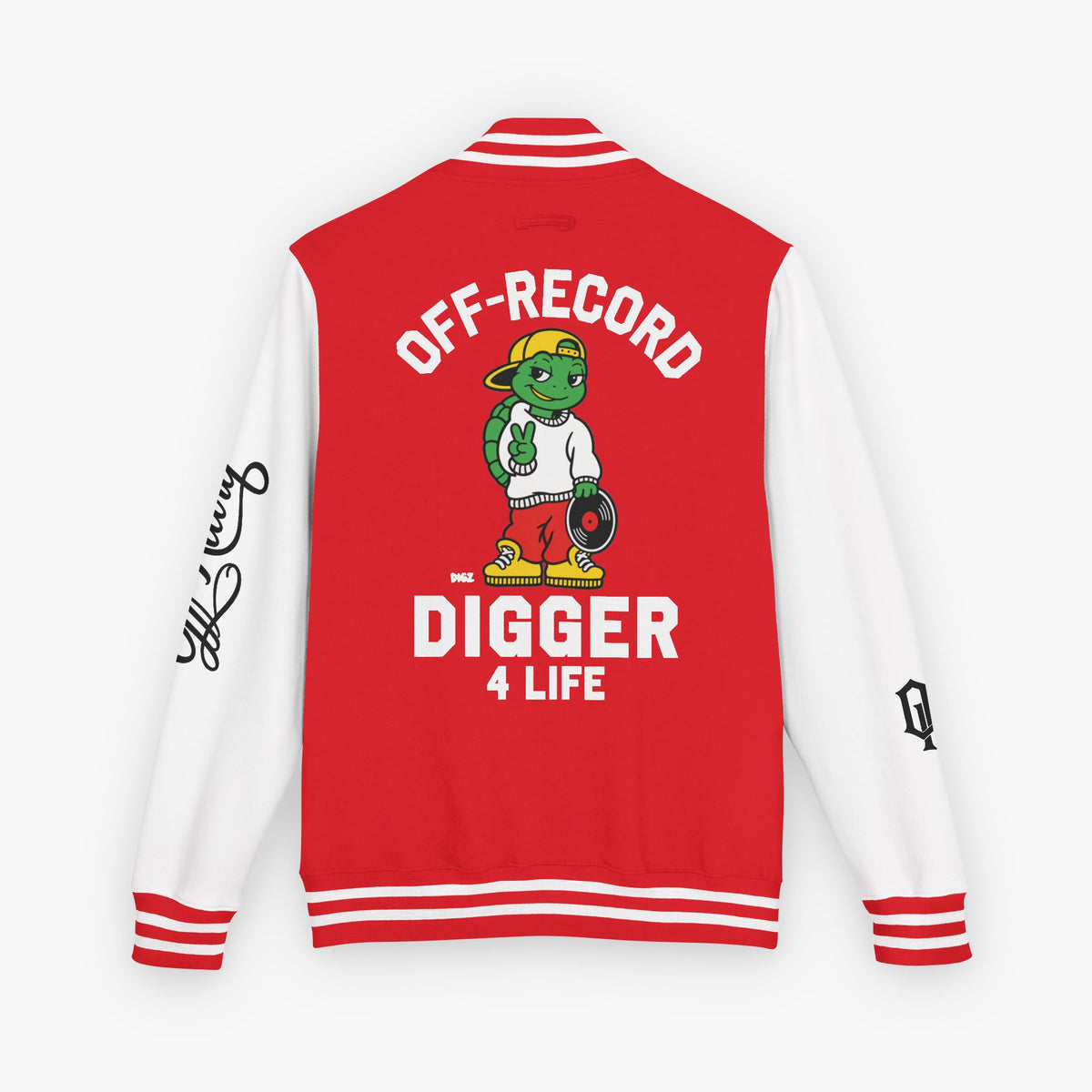 Back view of a varsity-style jacket with a red body and white sleeves, featuring a large graphic of a green cartoon turtle named 'Digz' wearing a yellow cap and red shorts, with the text 'OFF-RECORD DIGGER 4 LIFE' and script text on the sleeve.