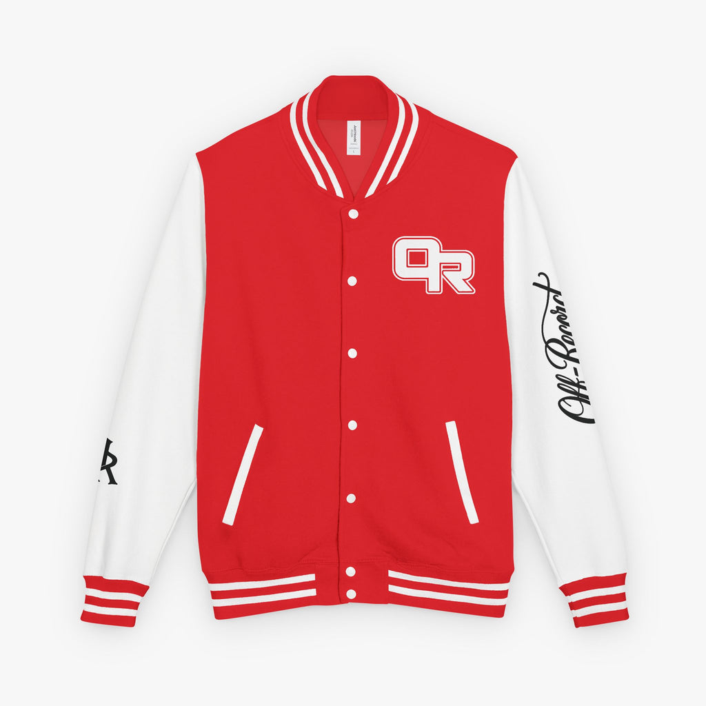 A red and white varsity jacket with a red front panel, white sleeves, white ribbed trim, and white buttons. The chest features a white 'OR' monogram, and the right sleeve has a black script signature reading 'Preston'.