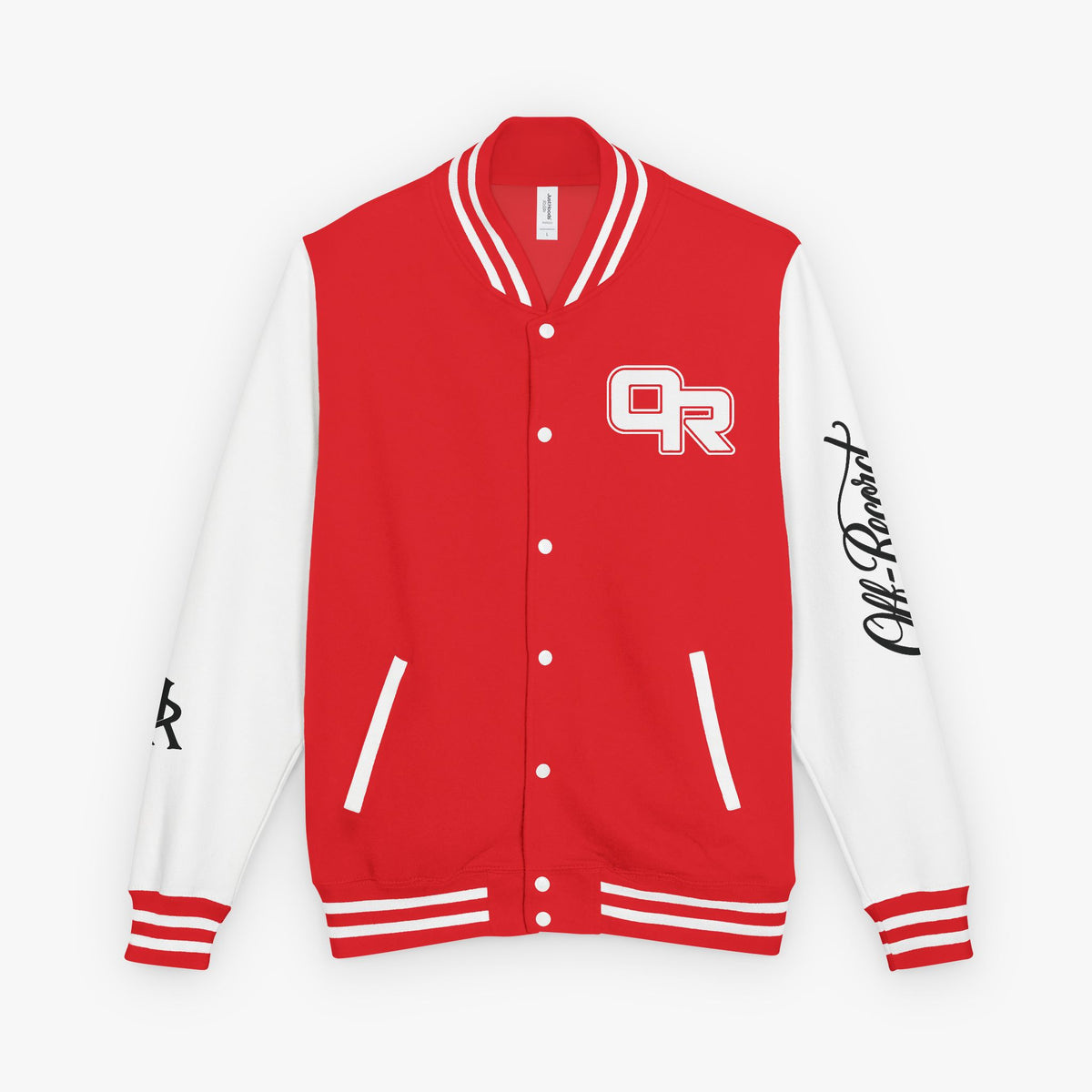 A red and white varsity jacket with a red front panel, white sleeves, white ribbed trim, and white buttons. The chest features a white 'OR' monogram, and the right sleeve has a black script signature reading 'Preston'.