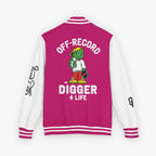 Back view of a varsity-style jacket with a hot pink body and white sleeves, featuring a large graphic of a green cartoon turtle named 'Digz' wearing a yellow cap and red shorts, with the text 'OFF-RECORD DIGGER 4 LIFE' and script text on the sleeve.