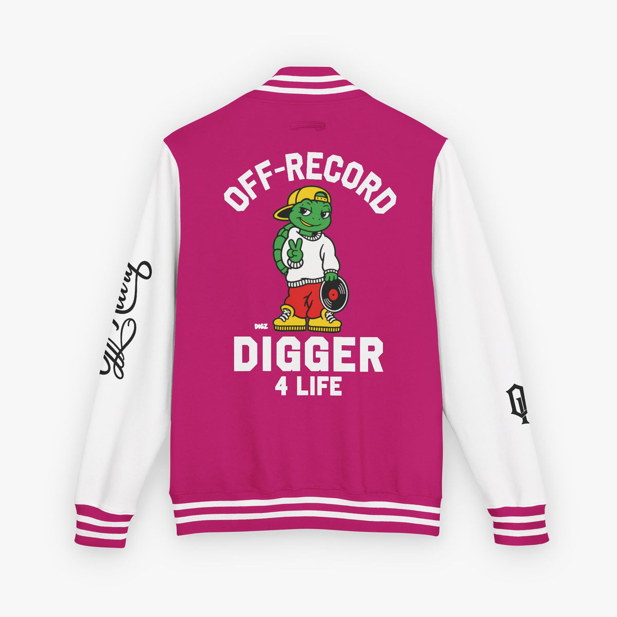 Back view of a varsity-style jacket with a hot pink body and white sleeves, featuring a large graphic of a green cartoon turtle named 'Digz' wearing a yellow cap and red shorts, with the text 'OFF-RECORD DIGGER 4 LIFE' and script text on the sleeve.