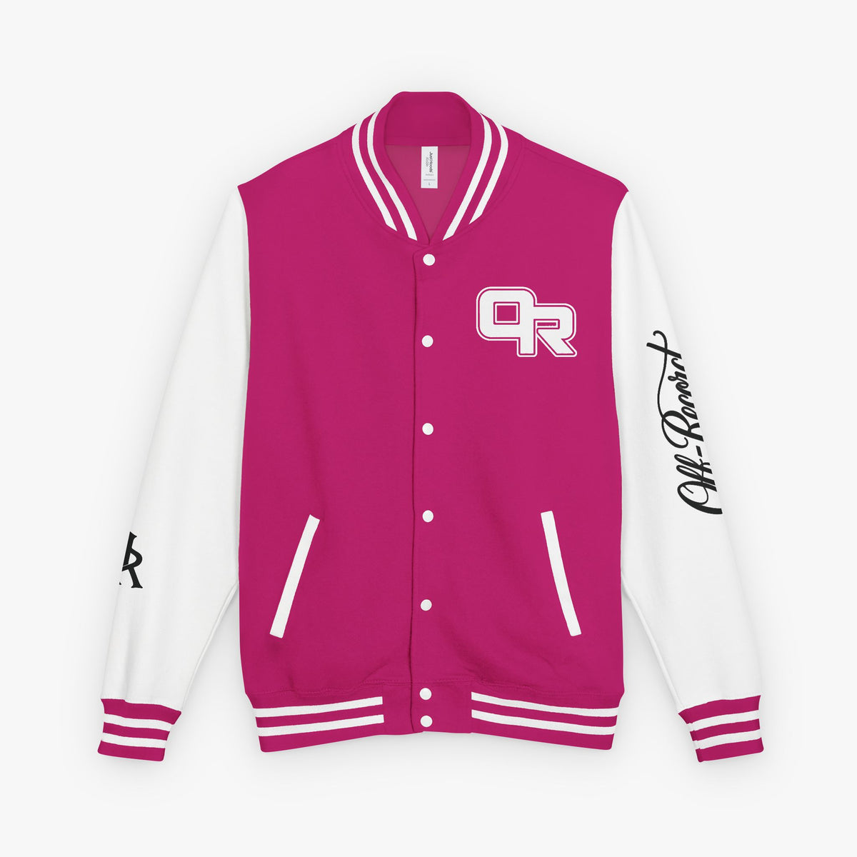 A varsity-style jacket with a bright magenta pink body and white sleeves, featuring a white and pink 'OR' logo on the left chest, a black script signature on the right sleeve, and pink and white striped ribbed trim.