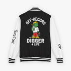 Back view of a varsity-style jacket with a black body and white sleeves, featuring a large graphic of a green cartoon turtle named 'Digz' wearing a yellow cap and red shorts, with the text 'OFF-RECORD DIGGER 4 LIFE' and script text on the sleeve.