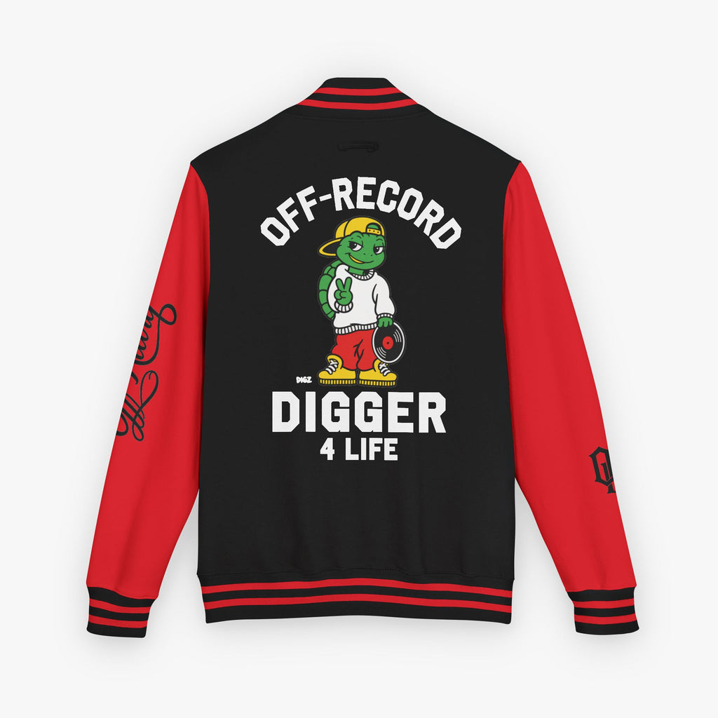 Back view of a varsity-style jacket with a black body and red sleeves, featuring a large graphic of a green cartoon turtle named 'Digz' wearing a yellow cap and red shorts, with the text 'OFF-RECORD DIGGER 4 LIFE' and script text on the sleeve.