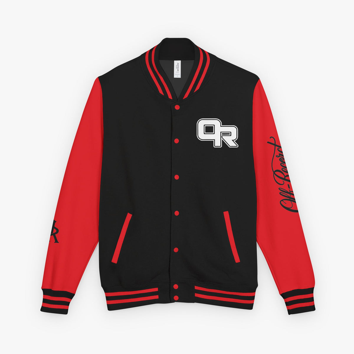 A varsity-style jacket with a black body and red sleeves, featuring red stripes on the collar, cuffs, and hem, red snap buttons, and a white 'OR' monogram on the left chest.