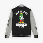 Back view of a varsity-style jacket with a black body and grey sleeves, featuring a large graphic of a green cartoon turtle named 'Digz' wearing a yellow cap and red shorts, with the text 'OFF-RECORD DIGGER 4 LIFE' and script text on the sleeve.