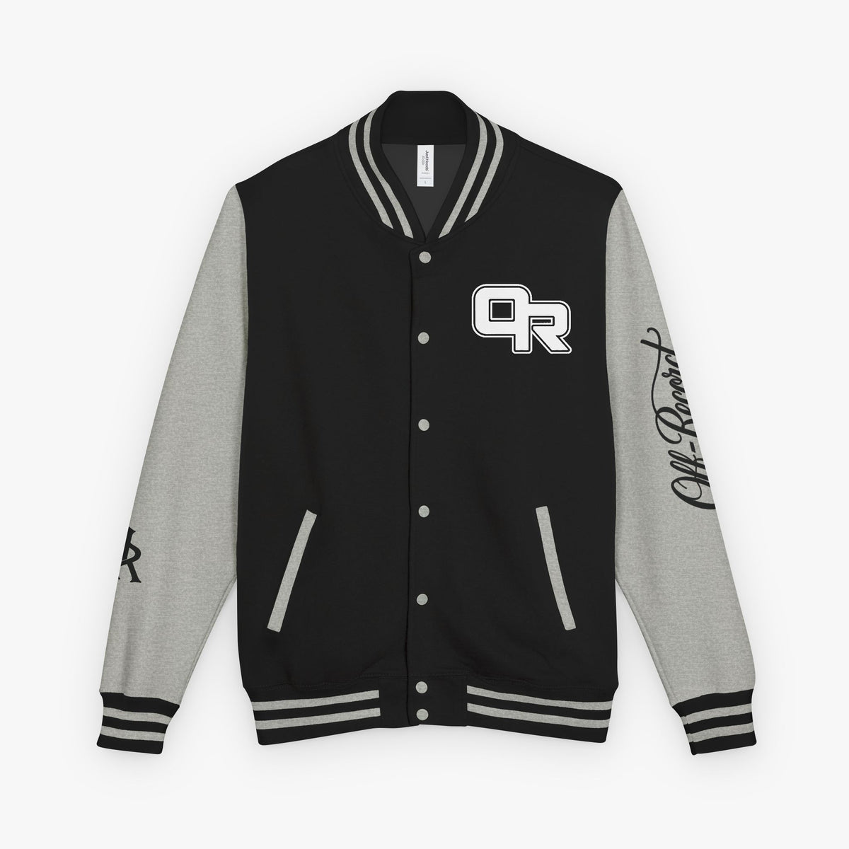 A varsity-style jacket with a black body and light gray sleeves, featuring a white and black 'OR' logo on the left chest and 'All Around' script on the right sleeve, shown against a plain white background.