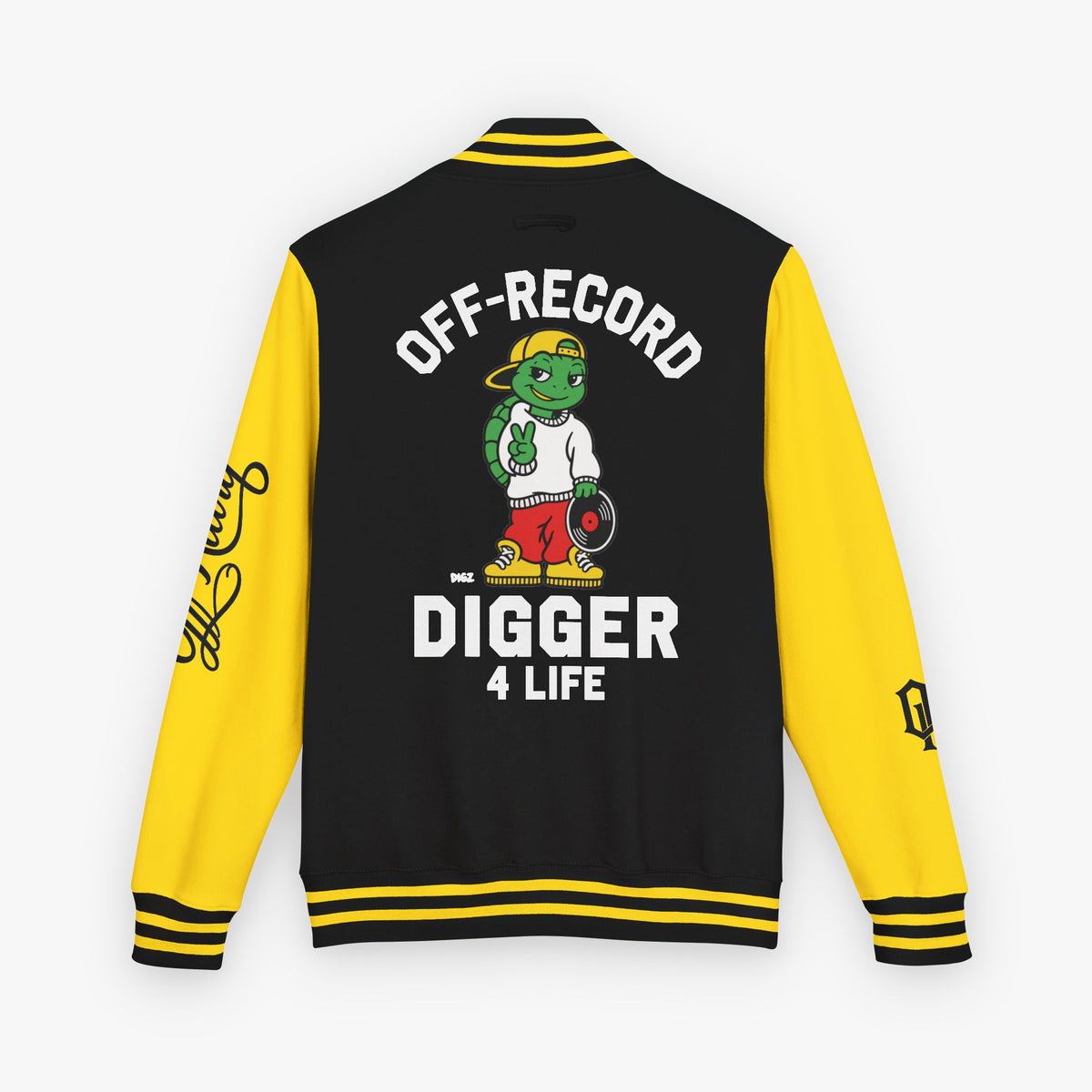 Back view of a varsity-style jacket with a black body and yellow sleeves, featuring a large graphic of a green cartoon turtle named 'Digz' wearing a yellow cap and red shorts, with the text 'OFF-RECORD DIGGER 4 LIFE' and script text on the sleeve.