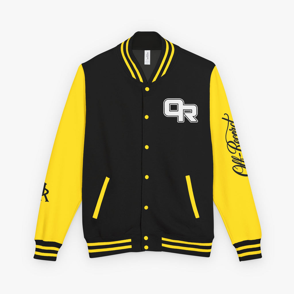 A varsity-style jacket with a black body and bright yellow sleeves, featuring yellow stripes on the collar, cuffs, and hem, yellow buttons, and 'OR' lettering on the chest.