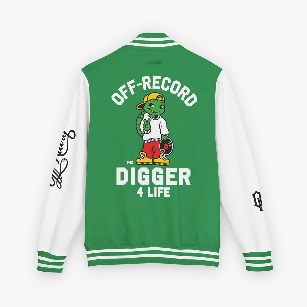 Back view of a varsity-style jacket with a kelly green body and white sleeves, featuring a large graphic of a green cartoon turtle named 'Digz' wearing a yellow cap and red shorts, with the text 'OFF-RECORD DIGGER 4 LIFE' and script text on the sleeve.