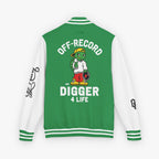 Back view of a varsity-style jacket with a kelly green body and white sleeves, featuring a large graphic of a green cartoon turtle named 'Digz' wearing a yellow cap and red shorts, with the text 'OFF-RECORD DIGGER 4 LIFE' and script text on the sleeve.