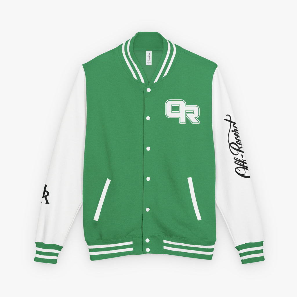 A green and white varsity jacket with a green body, white sleeves, and white ribbed trim. It features a green and white 'OR' monogram on the left chest, a black script signature on the right sleeve, and a small black monogram on the left sleeve cuff.