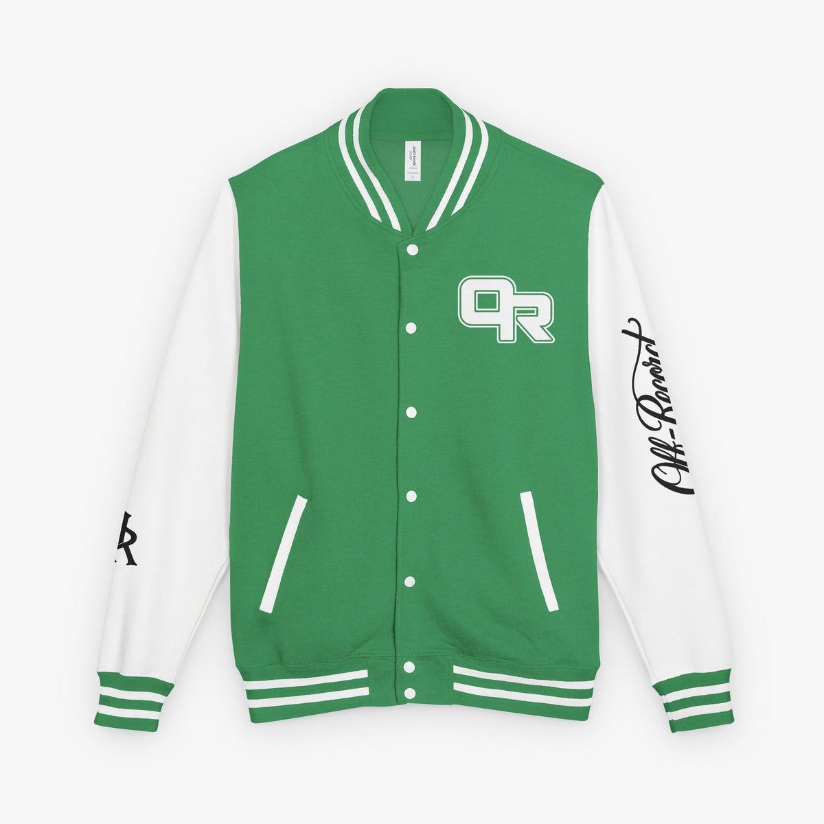 A green and white varsity jacket with a green body, white sleeves, and white ribbed trim. It features a green and white 'OR' monogram on the left chest, a black script signature on the right sleeve, and a small black monogram on the left sleeve cuff.