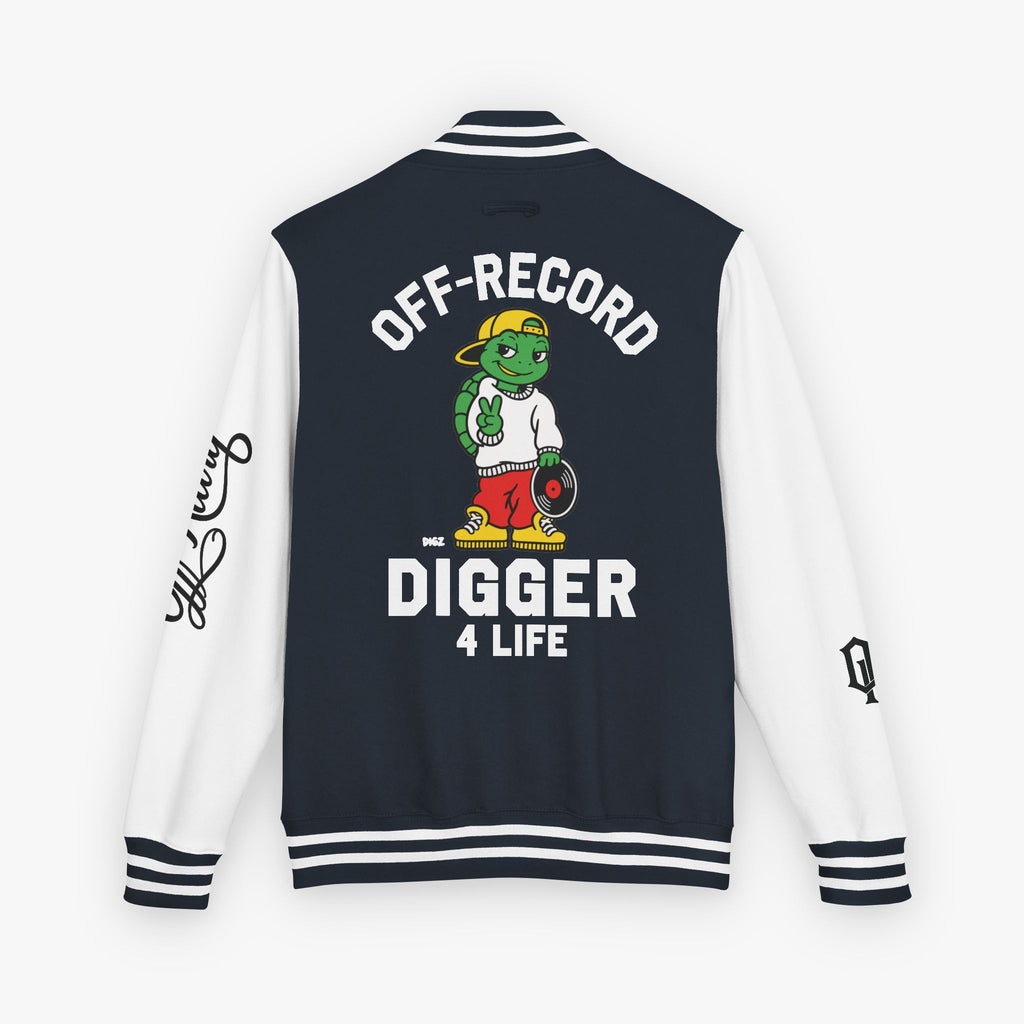 Back view of a varsity-style jacket with a navy body and white sleeves, featuring a large graphic of a green cartoon turtle named 'Digz' wearing a yellow cap and red shorts, with the text 'OFF-RECORD DIGGER 4 LIFE' and script text on the sleeve.