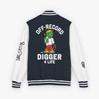 Back view of a varsity-style jacket with a navy body and white sleeves, featuring a large graphic of a green cartoon turtle named 'Digz' wearing a yellow cap and red shorts, with the text 'OFF-RECORD DIGGER 4 LIFE' and script text on the sleeve.