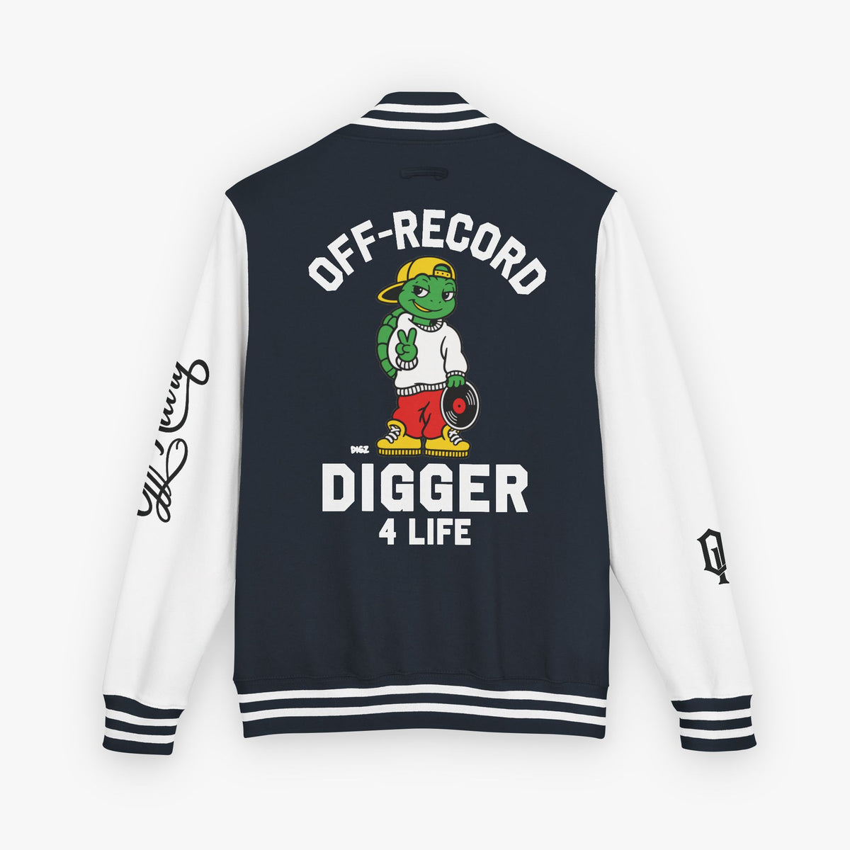 Back view of a varsity-style jacket with a navy body and white sleeves, featuring a large graphic of a green cartoon turtle named 'Digz' wearing a yellow cap and red shorts, with the text 'OFF-RECORD DIGGER 4 LIFE' and script text on the sleeve.