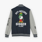 Back view of a varsity-style jacket with a navy body and grey sleeves, featuring a large graphic of a green cartoon turtle named 'Digz' wearing a yellow cap and red shorts, with the text 'OFF-RECORD DIGGER 4 LIFE' and script text on the sleeve.