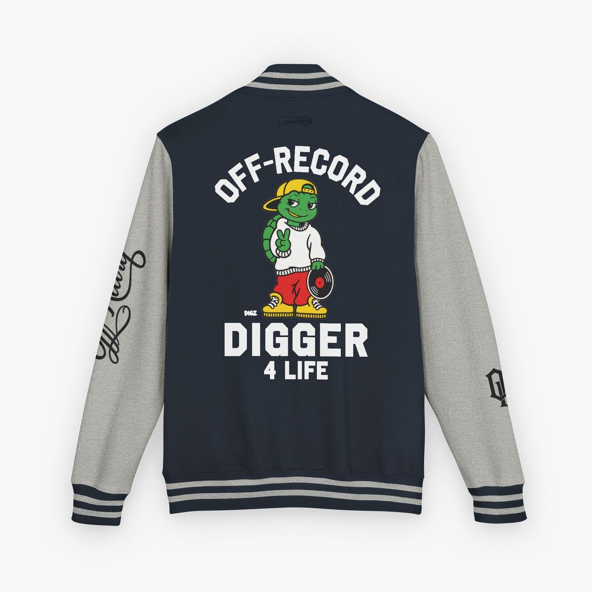 Back view of a varsity-style jacket with a navy body and grey sleeves, featuring a large graphic of a green cartoon turtle named 'Digz' wearing a yellow cap and red shorts, with the text 'OFF-RECORD DIGGER 4 LIFE' and script text on the sleeve.
