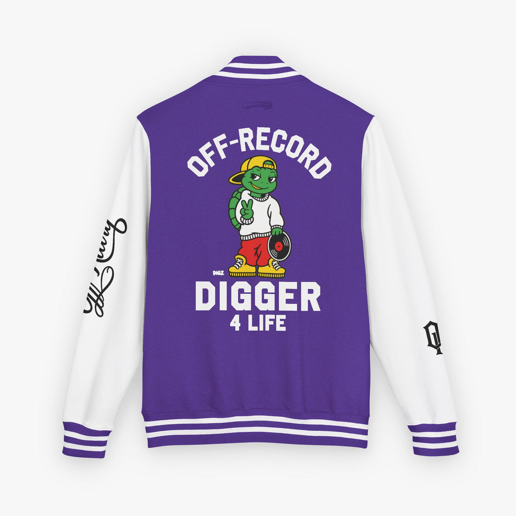 Back view of a varsity-style jacket with a purple body and white sleeves, featuring a large graphic of a green cartoon turtle named 'Digz' wearing a yellow cap and red shorts, with the text 'OFF-RECORD DIGGER 4 LIFE' and script text on the sleeve.