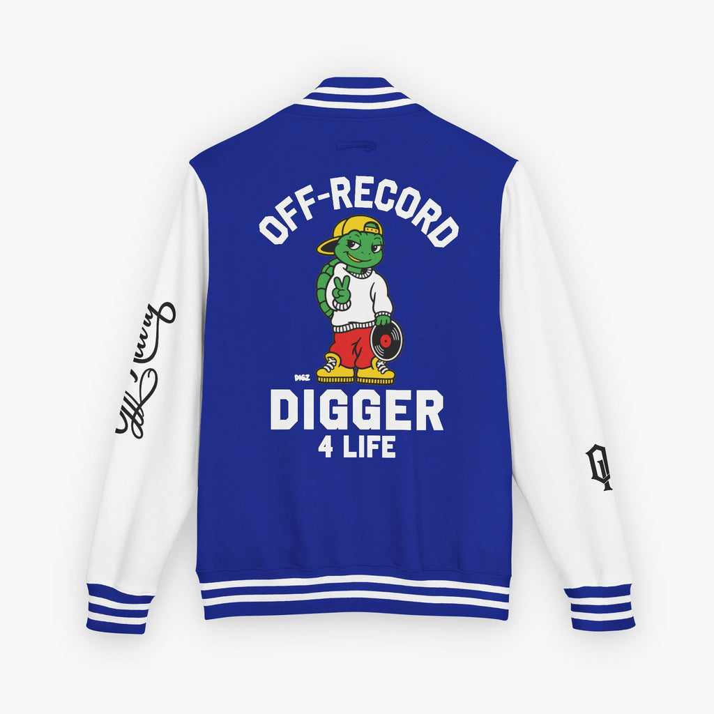 Back view of a varsity-style jacket with a royal blue body and white sleeves, featuring a large graphic of a green cartoon turtle named 'Digz' wearing a yellow cap and red shorts, with the text 'OFF-RECORD DIGGER 4 LIFE' and script text on the sleeve.