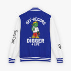 Back view of a varsity-style jacket with a royal blue body and white sleeves, featuring a large graphic of a green cartoon turtle named 'Digz' wearing a yellow cap and red shorts, with the text 'OFF-RECORD DIGGER 4 LIFE' and script text on the sleeve.