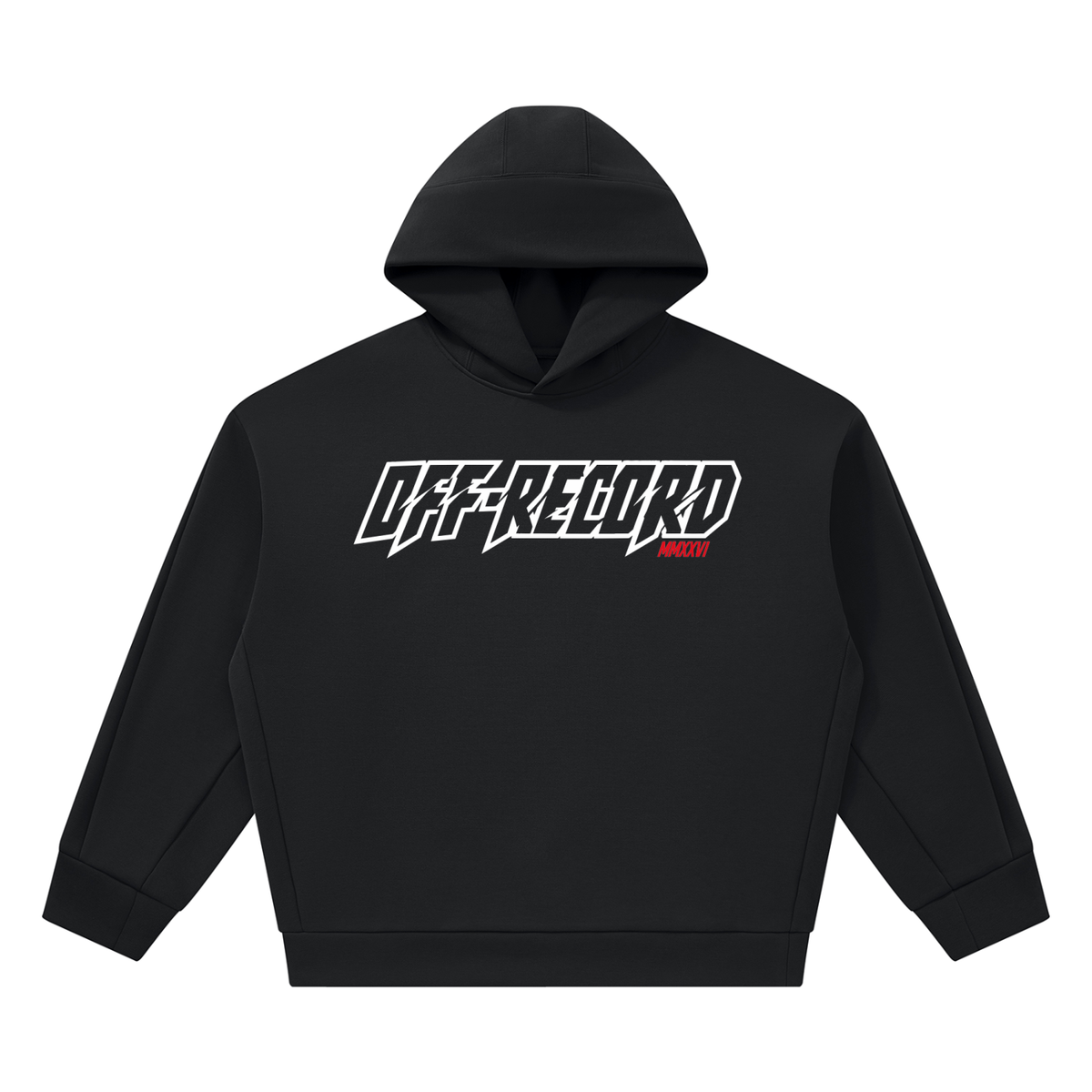 A black pullover hoodie with the word 'OFF-RECORD' printed across the chest in bold stylised white letters, with red roman numerals 'MMXXVI' displayed on a solid white background.