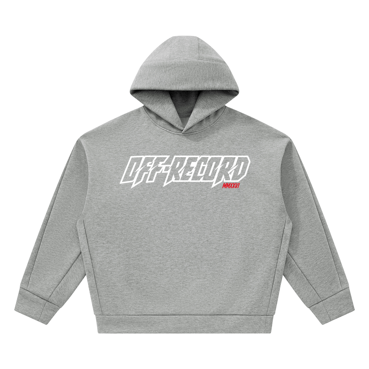 A flower grey pullover hoodie with the word 'OFF-RECORD' printed across the chest in bold stylised white letters, with red roman numerals 'MMXXVI' displayed on a solid white background.